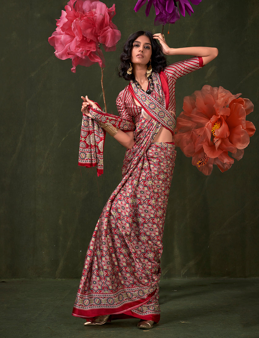 Red Satin Crepe Printed Contemporary Saree with Blouse
