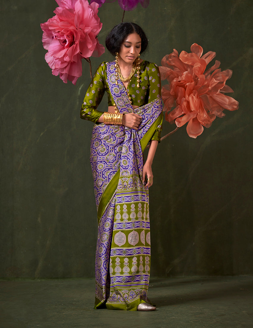 Violet Satin Crepe Geometric Print Contemporary Saree for Women