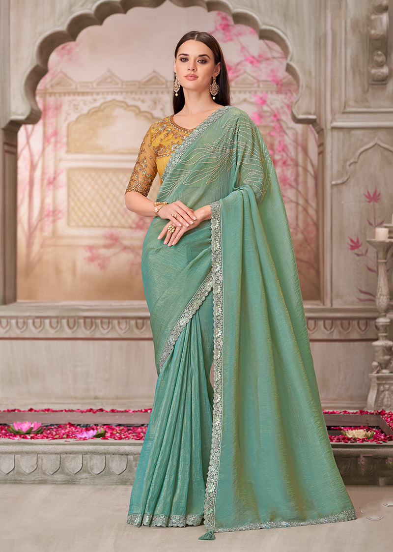 Sea Green Satin Silk saree with heavy stone work and sequin detailing