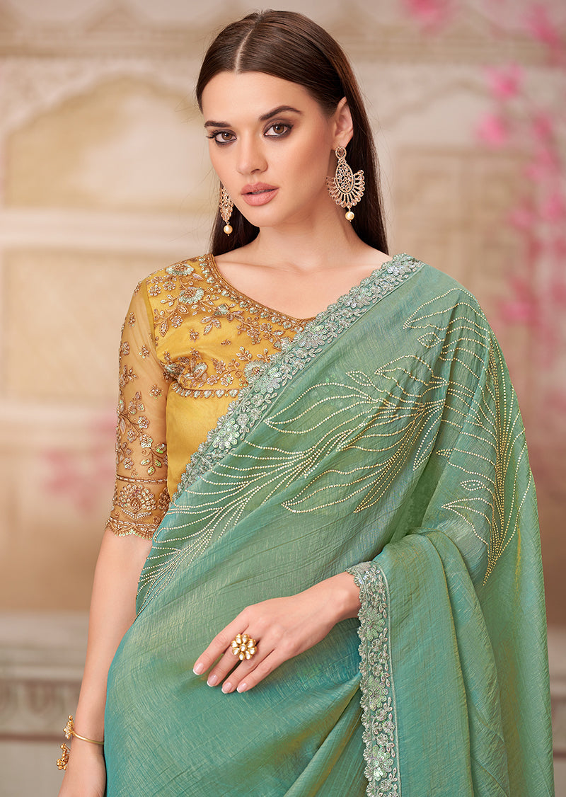 Sea Green Satin Silk Contemporary Saree with Stone Work