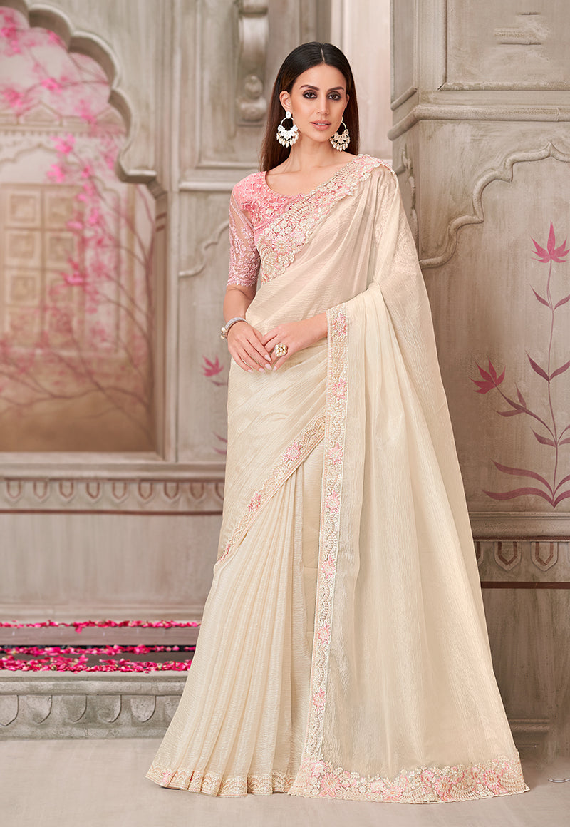 Elegant off-white satin silk designer saree with embroidery