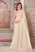 Elegant off-white satin silk designer saree with embroidery