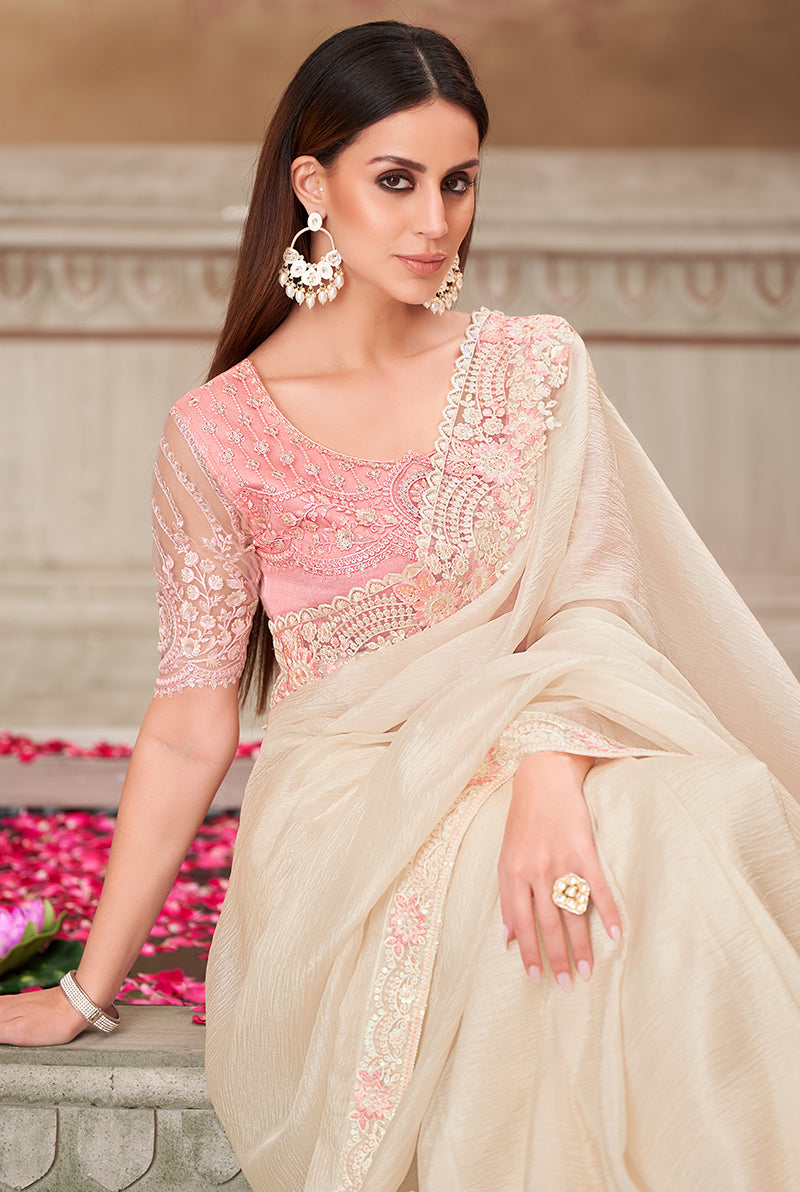 Embroidered Satin Silk Off White Designer Saree