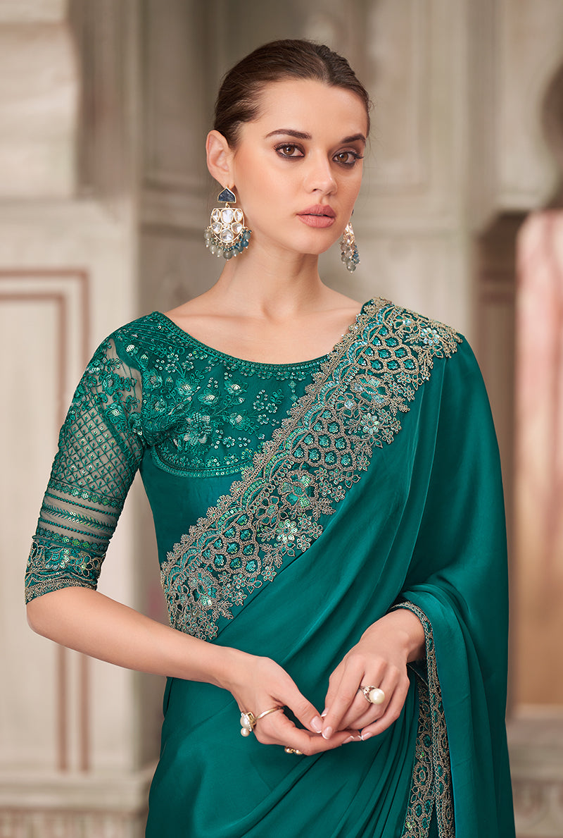 Teal Green Satin Silk Embroidered Sequins Traditional Saree