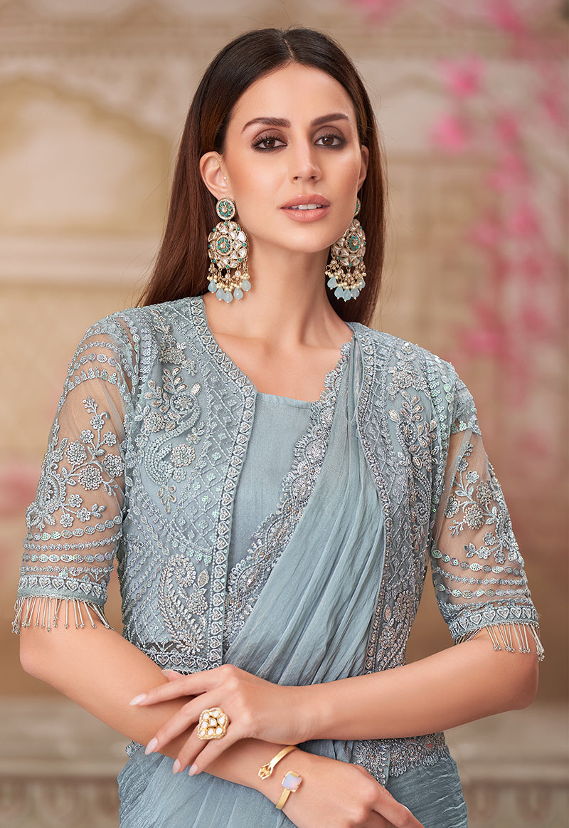Monjolika Fashion Grey Embroidered Georgette Trendy Saree