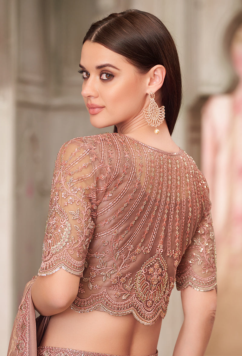 Brown Shimmer Satin Silk Saree with Elegant Embroidery