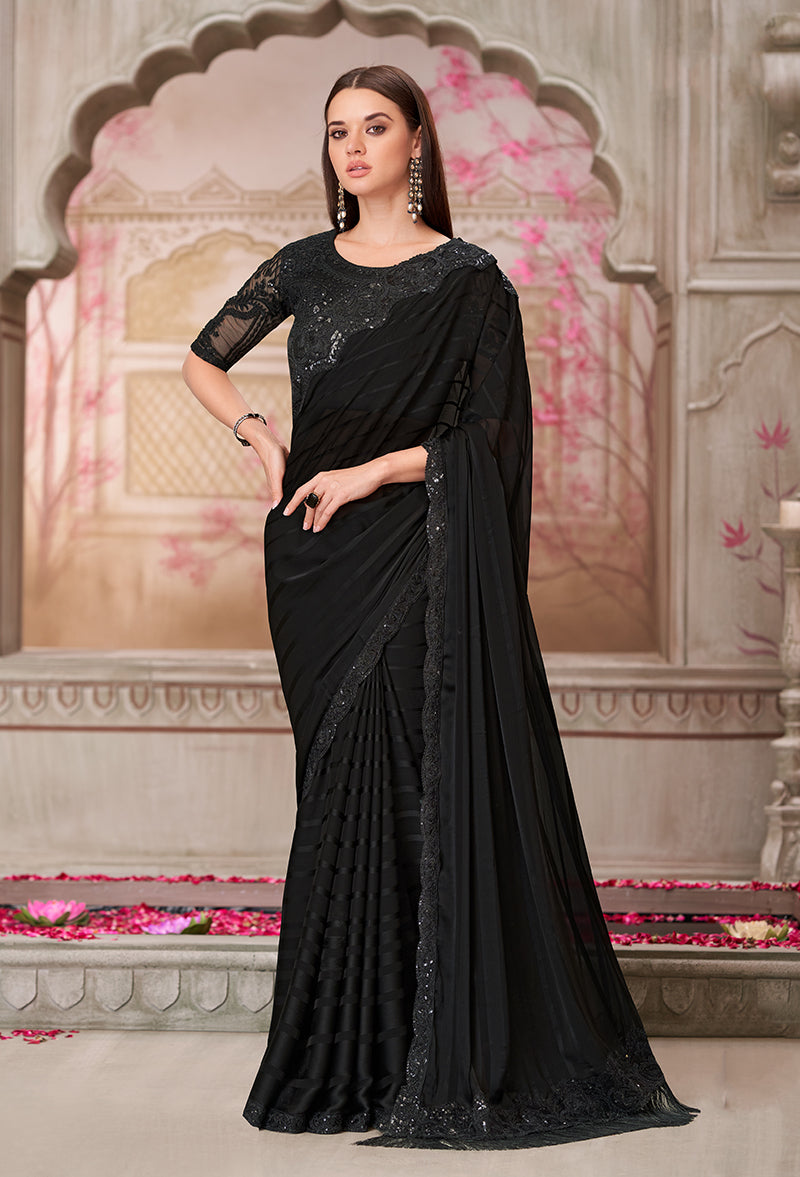 Black georgette trendy saree with all-over sequin embellishments