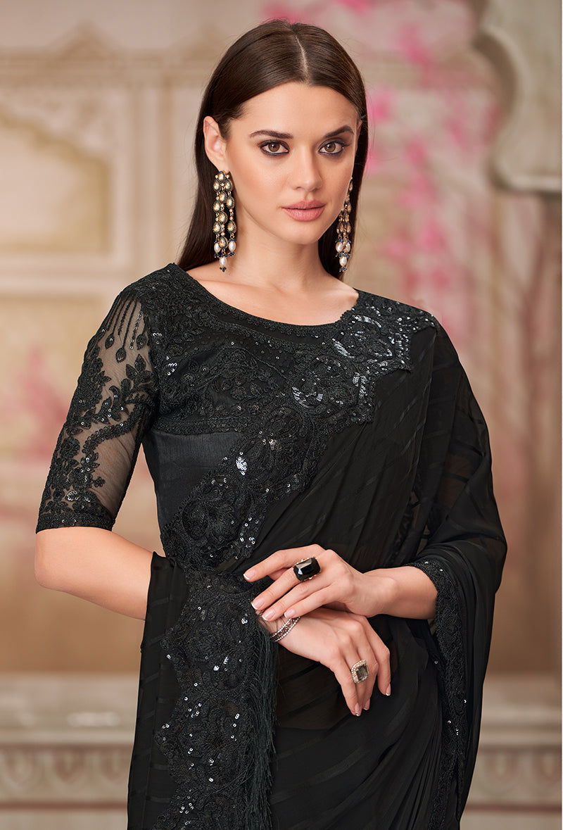 Black Georgette Trendy Saree with All-Over Sequins
