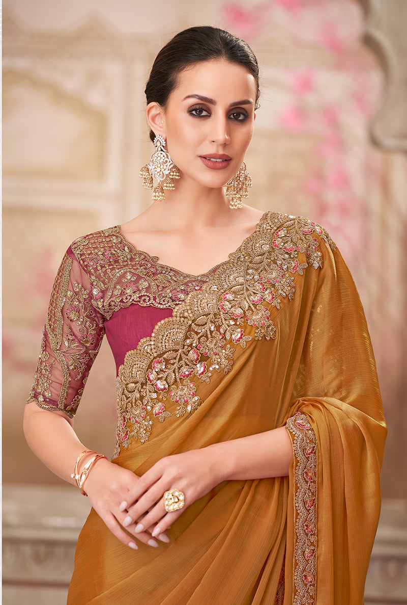 Monjolika Fashion Rust Embroidered Sequins Chiffon Silk Designer Saree