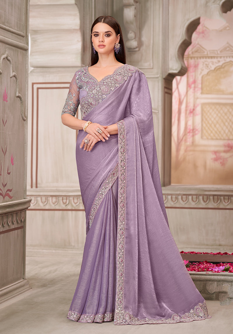 Lavender chiffon and silk saree with intricate embroidery for engagement parties