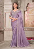 Lavender chiffon and silk saree with intricate embroidery for engagement parties