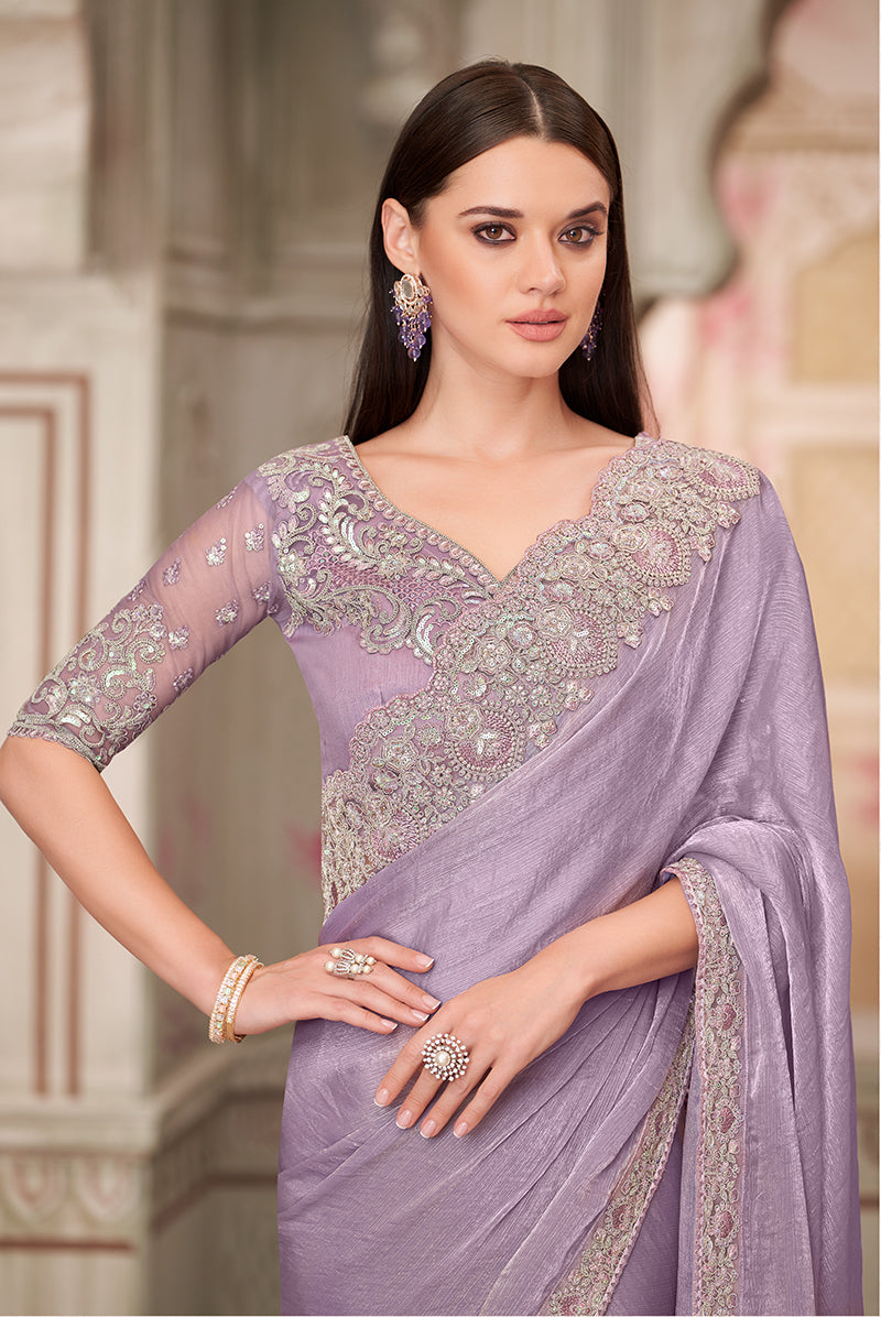 Lavender Chiffon Silk Embroidered Saree for Engagement