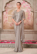 Elegant silver shimmer satin silk saree featuring intricate sequin embroidery