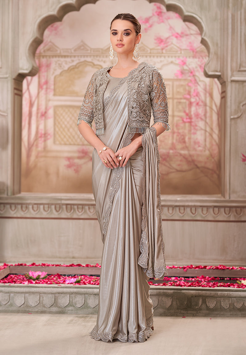 Elegant silver shimmer satin silk saree featuring intricate sequin embroidery