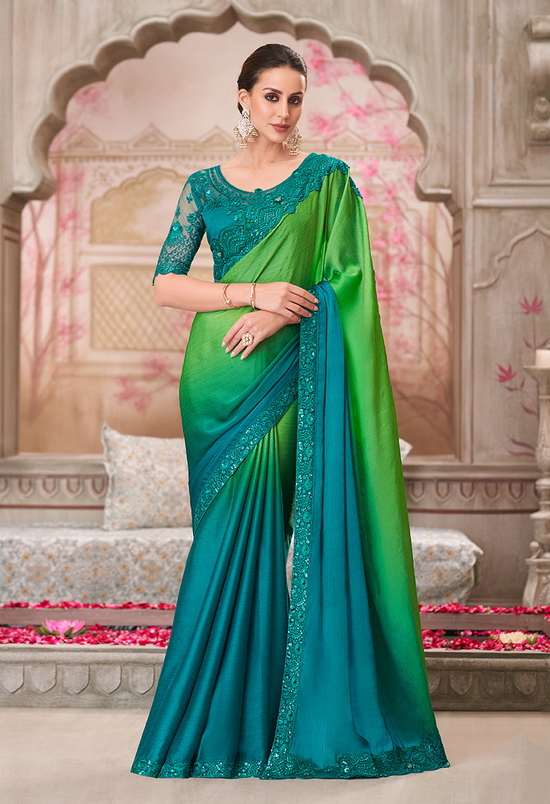 Shaded green and teal satin chiffon saree with sequins and embroidery work