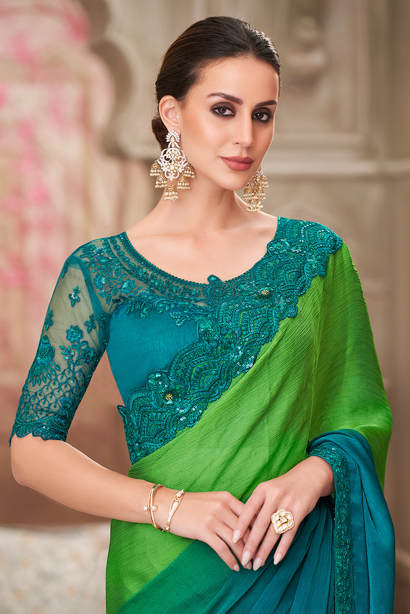 Shaded Satin Chiffon Sequins Traditional Saree