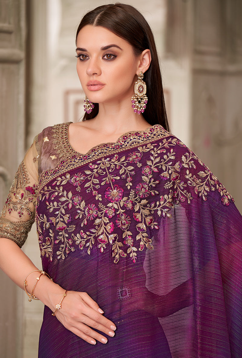 Purple Satin Georgette Embroidered Saree with Stone Work