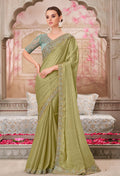 Olive chiffon silk embroidered contemporary saree