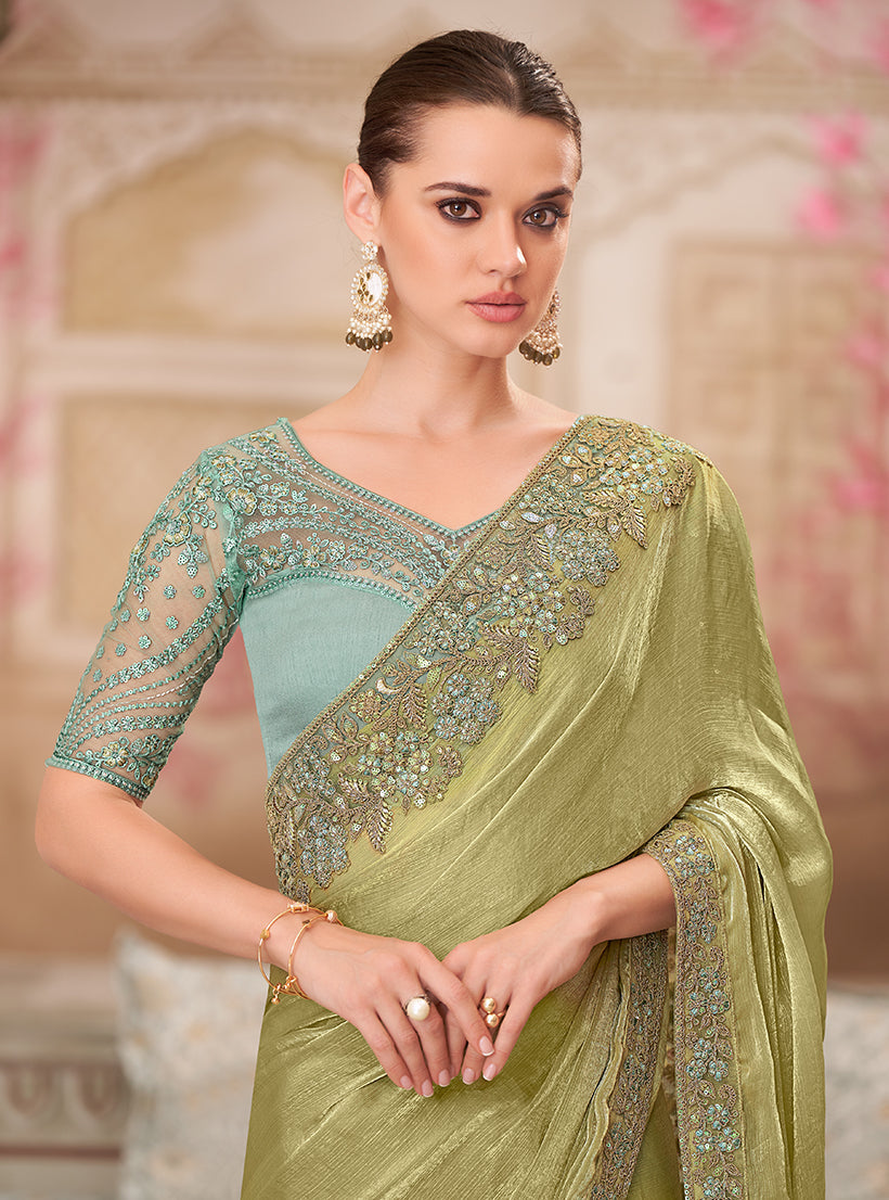Olive Chiffon Silk Embroidered Contemporary Saree