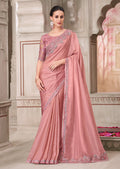 Powder pink georgette satin saree with intricate embroidery
