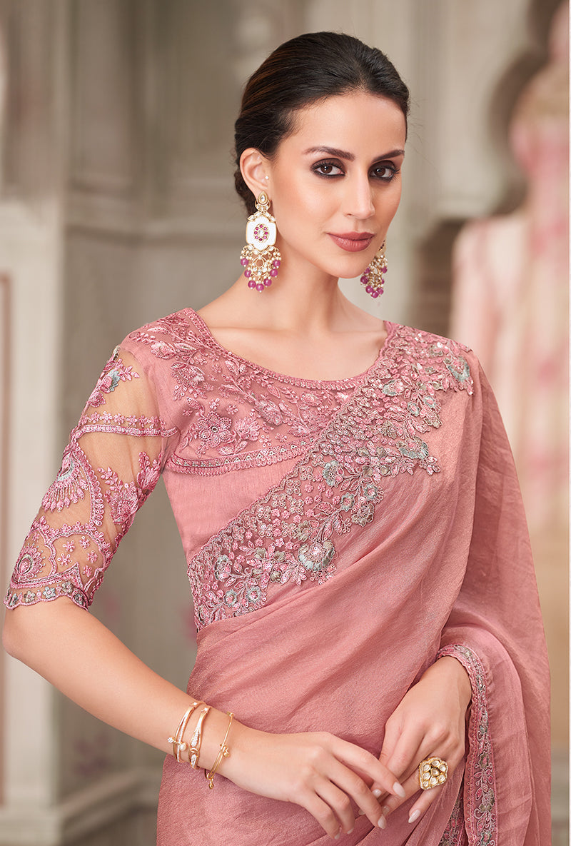Powder Pink Georgette Satin Embroidered Trendy Saree
