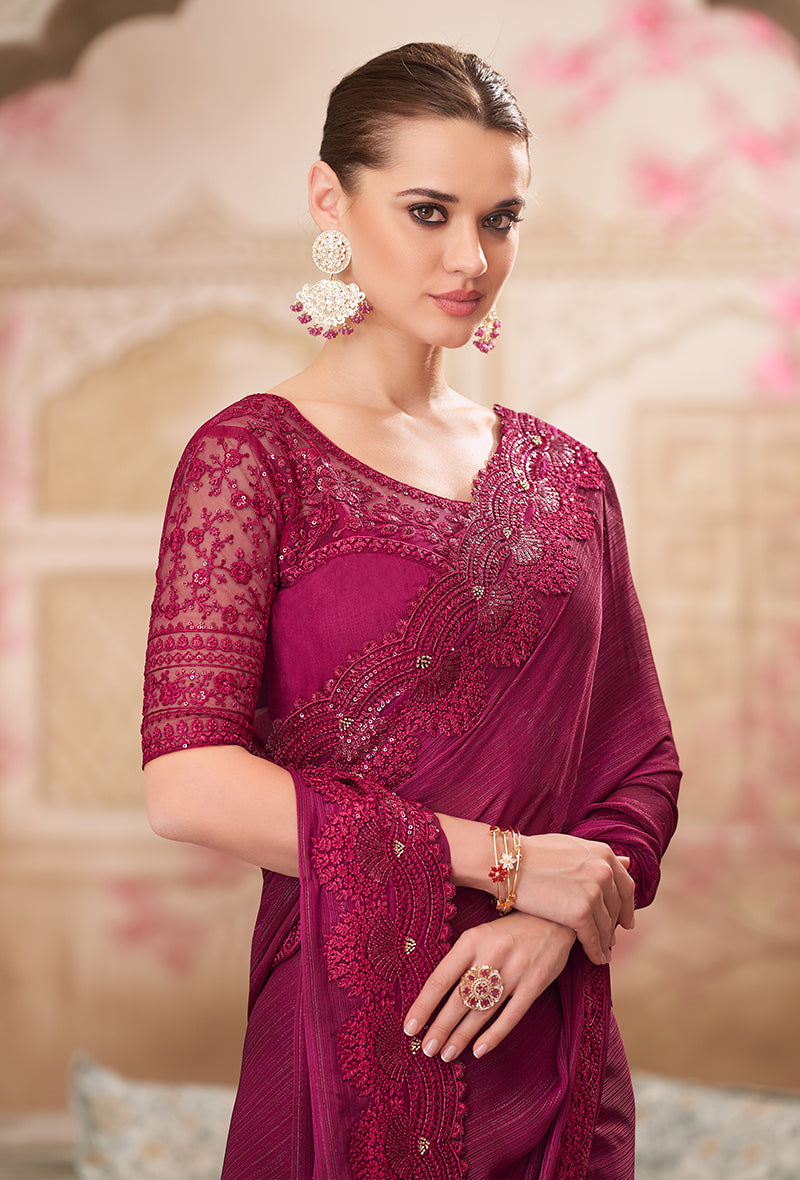 Burgundy Satin Silk Embroidered Sangeet Designer Saree