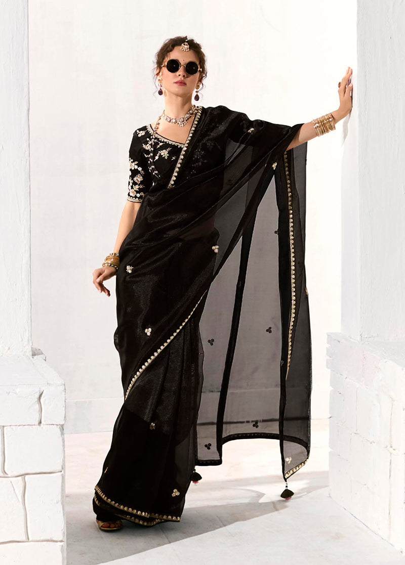 Black Embroidered Sequins Tissue Sangeet Saree with Unstitched Blouse