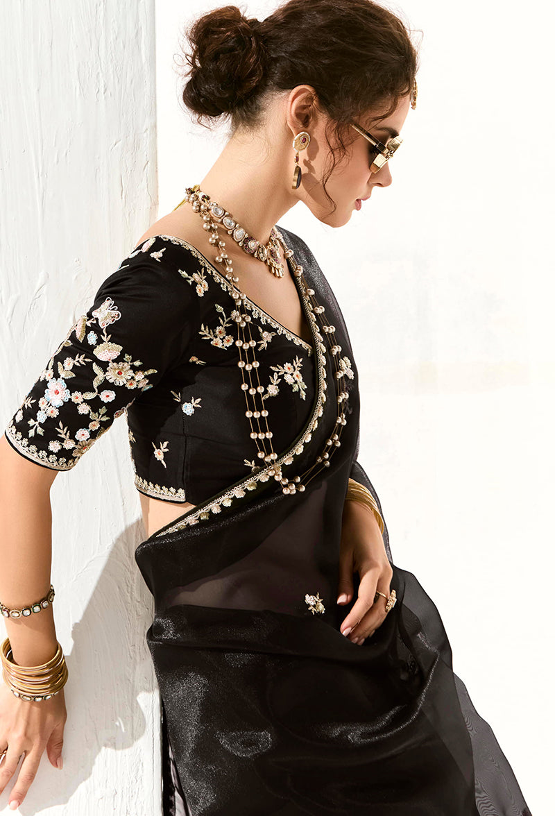 Black Embroidered Sequins Tissue Sangeet Saree with Unstitched Blouse