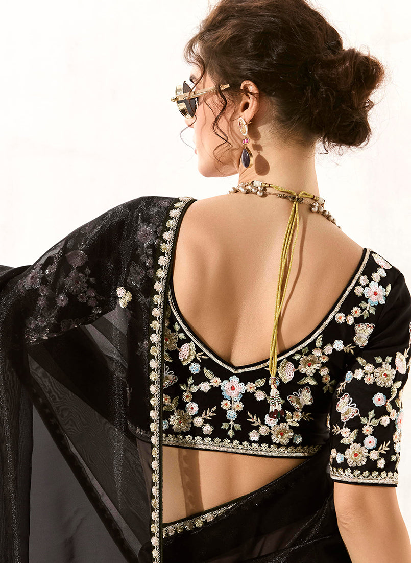 Black Embroidered Sequins Tissue Sangeet Saree with Unstitched Blouse
