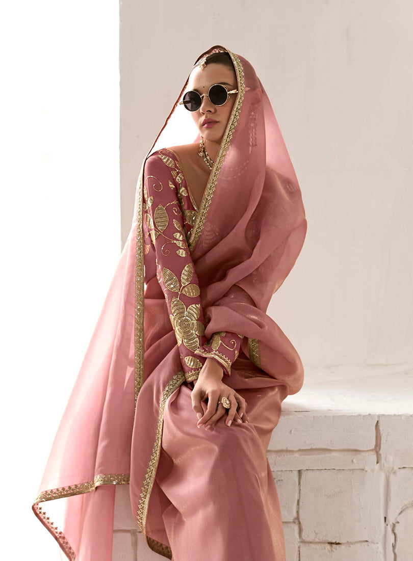 Dusty Rose Tissue Organza Embroidered Sequins Designer Saree