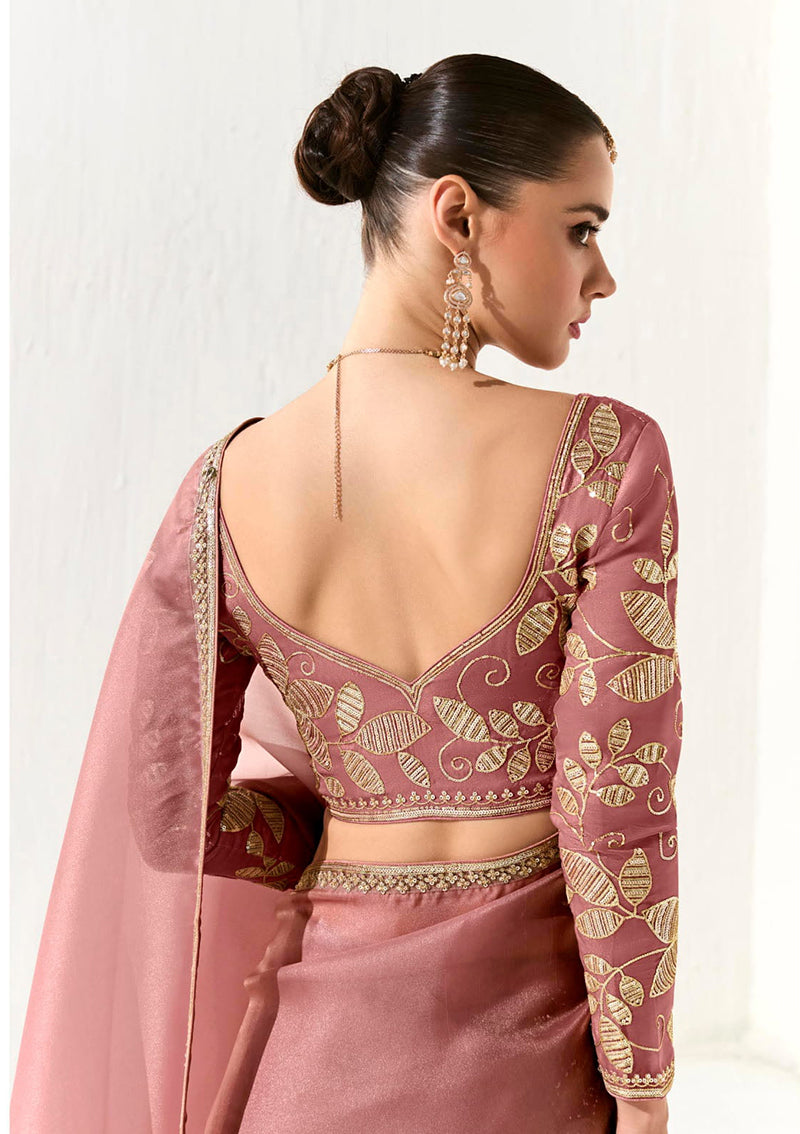 Dusty Rose Tissue Organza Embroidered Sequins Designer Saree