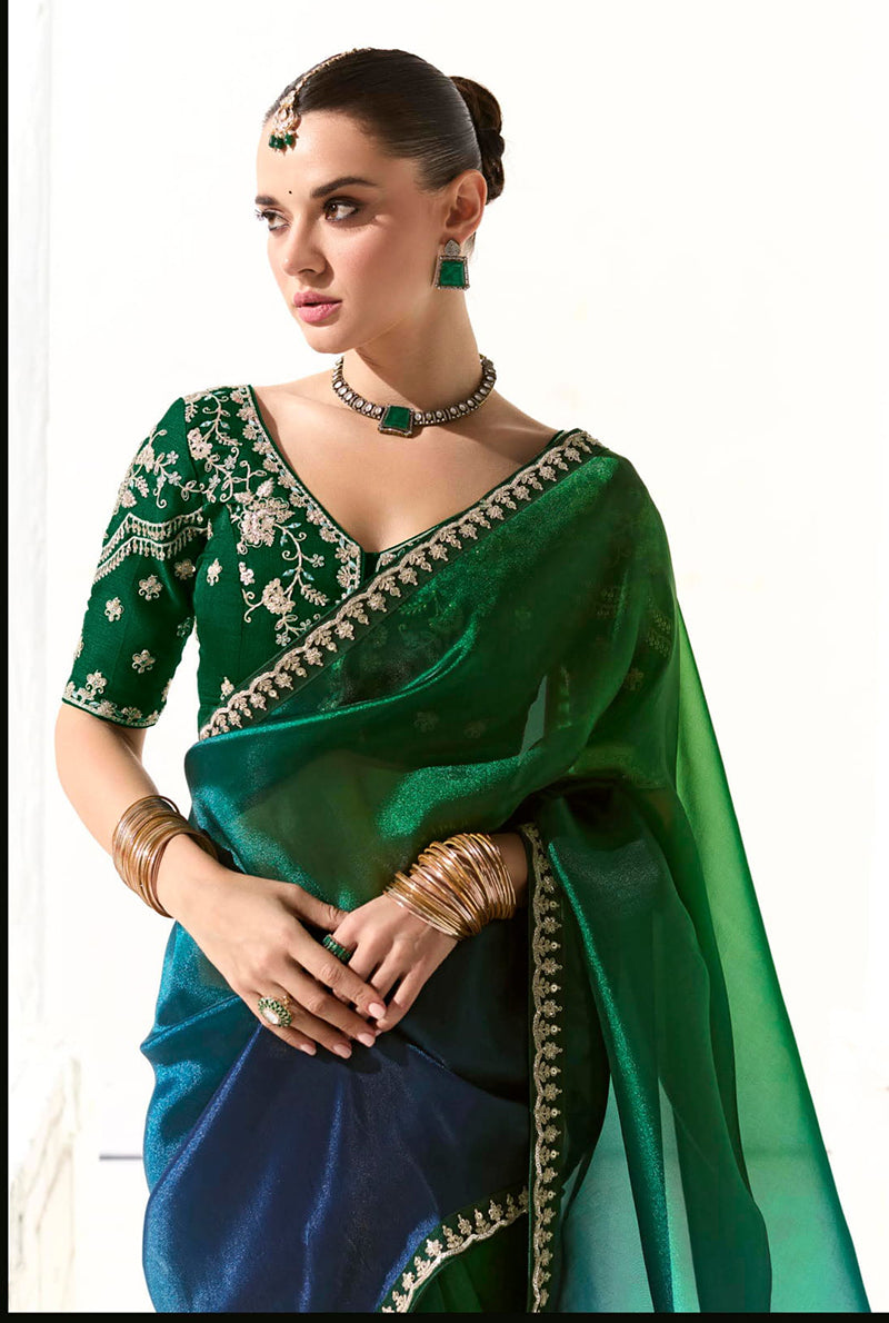 Dark Green Organza Tissue Embroidered Sequins Saree
