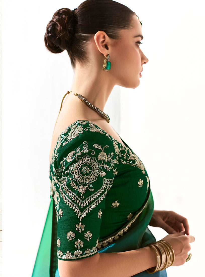 Dark Green Organza Tissue Embroidered Sequins Saree