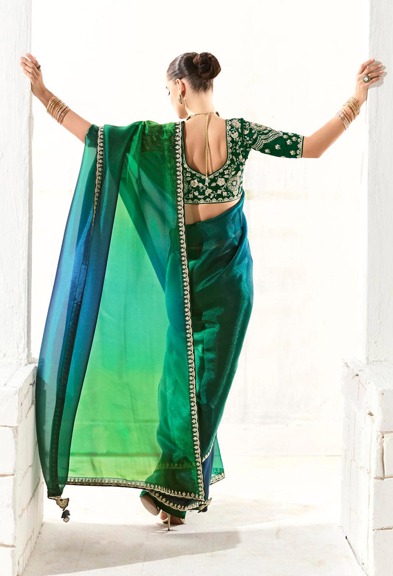 Dark Green Organza Tissue Embroidered Sequins Saree