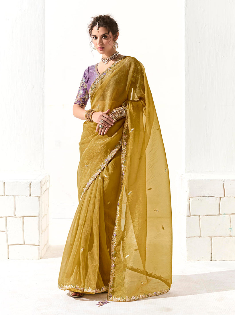 Mustard yellow tissue organza saree with detailed sequin and embroidery work