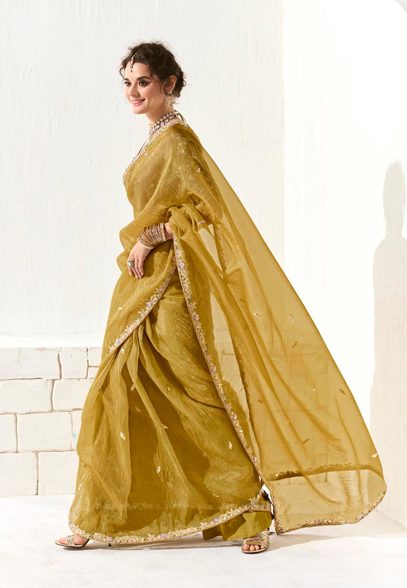 Mustard Tissue Organza Saree with Sequins and Embroidery