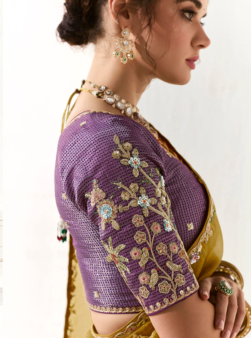 Mustard Tissue Organza Saree with Sequins and Embroidery