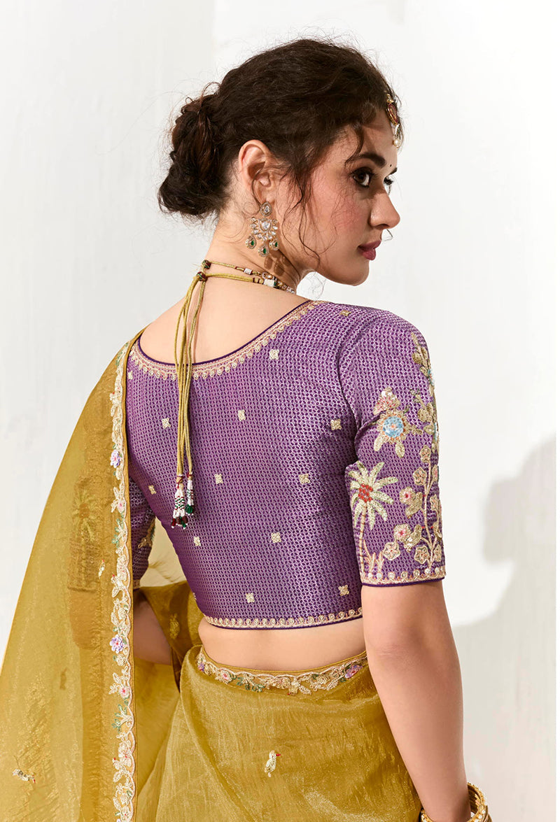 Mustard Tissue Organza Saree with Sequins and Embroidery