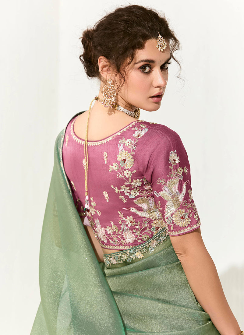 Dark Sea Green Tissue Sequin Saree with Embroidered Work