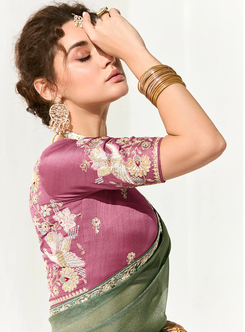 Dark Sea Green Tissue Sequin Saree with Embroidered Work