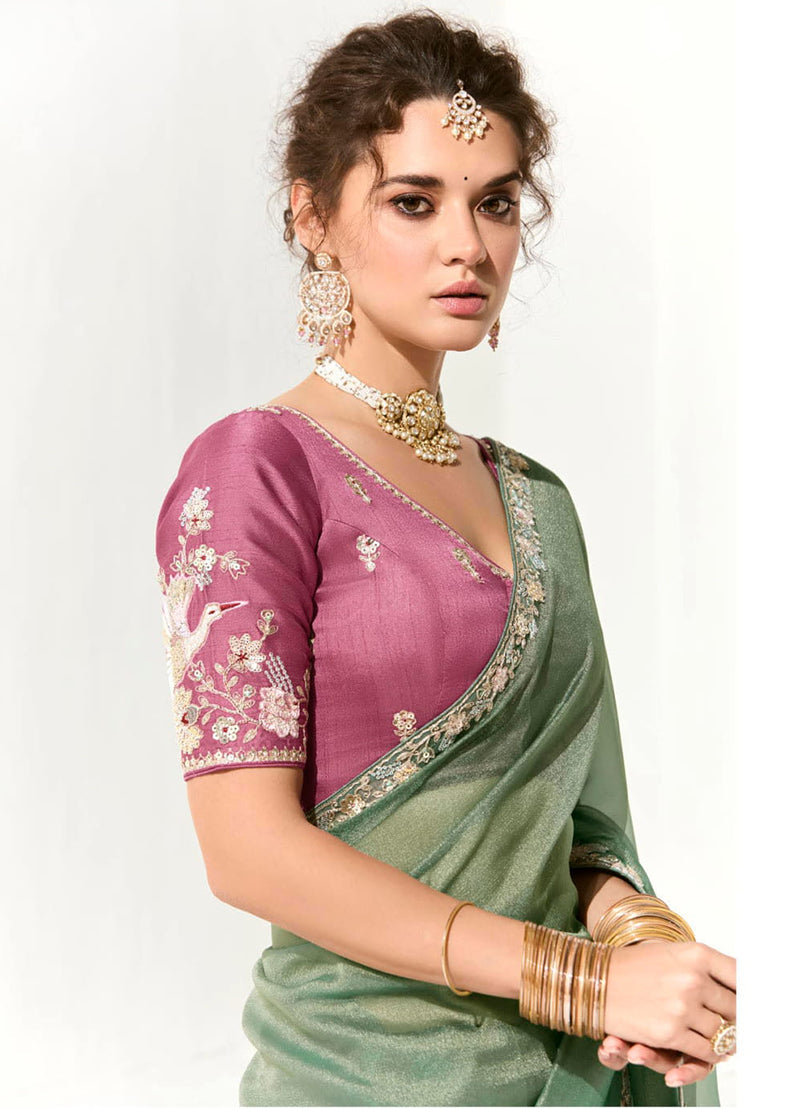 Dark Sea Green Tissue Sequin Saree with Embroidered Work