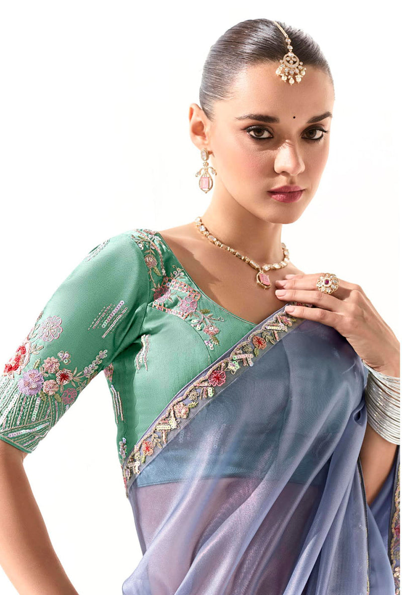 Monjolika Fashion Tissue Light Lavender Embroidered Border Contemporary Saree