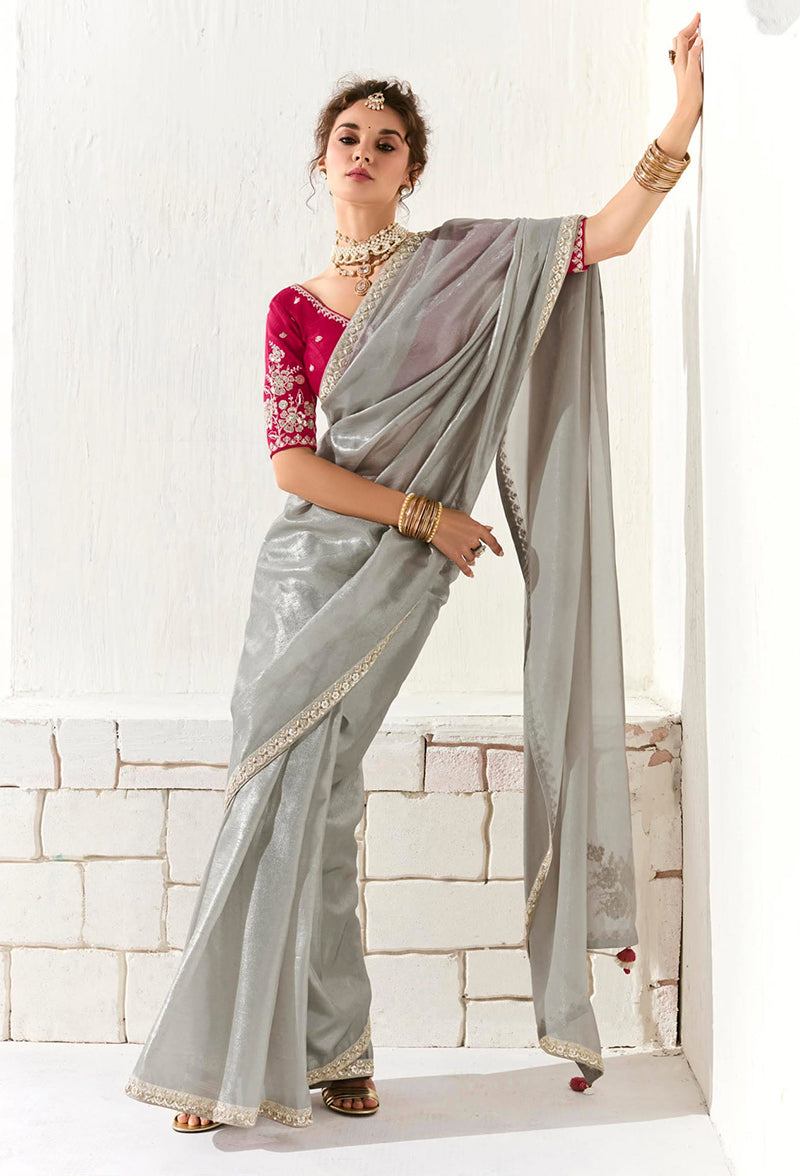 Light Grey Tissue Organza Embroidered Sequins Designer Saree
