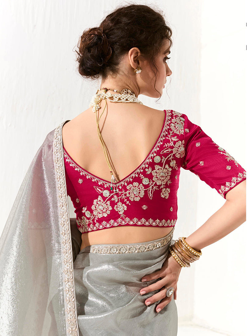 Light Grey Tissue Organza Embroidered Sequins Designer Saree