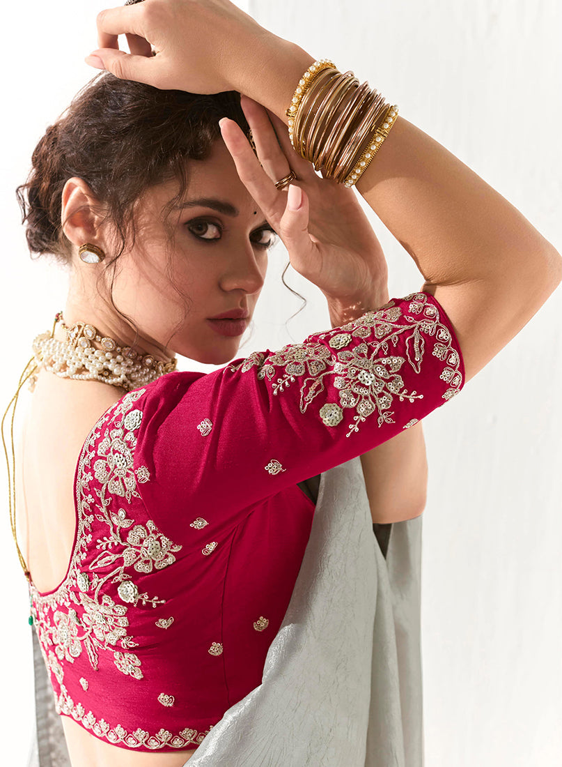 Light Grey Tissue Organza Embroidered Sequins Designer Saree