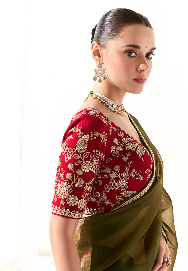 Dark Olive Tissue Saree with Embroidered Sequins and Border