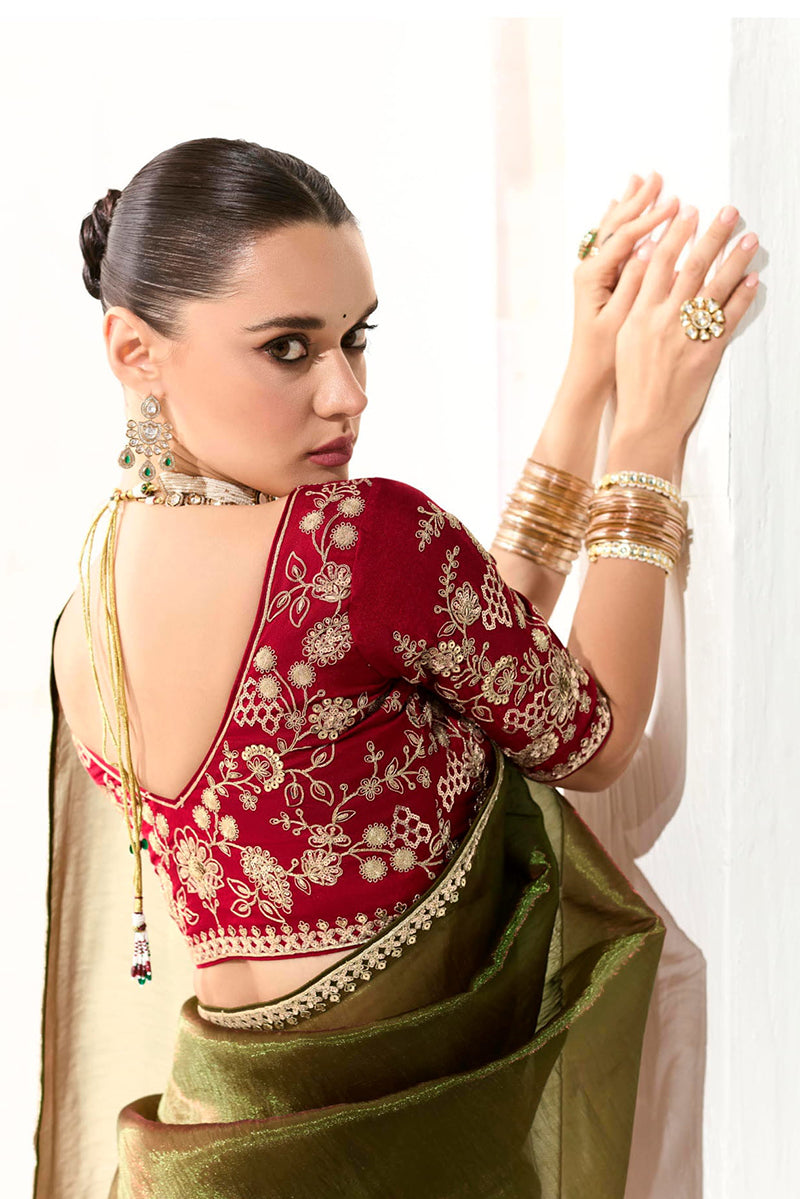 Dark Olive Tissue Saree with Embroidered Sequins and Border