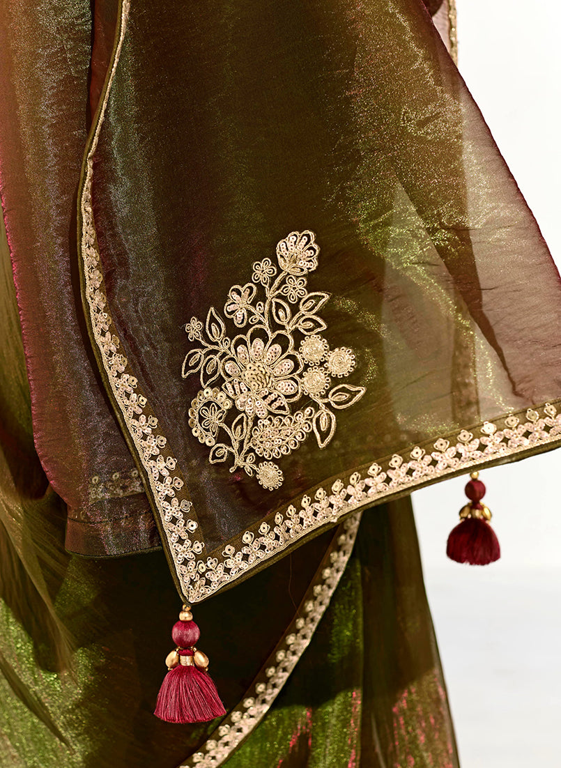 Dark Olive Tissue Saree with Embroidered Sequins and Border