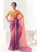 Pink and purple embroidered tissue organza saree with a modern trendy aesthetic