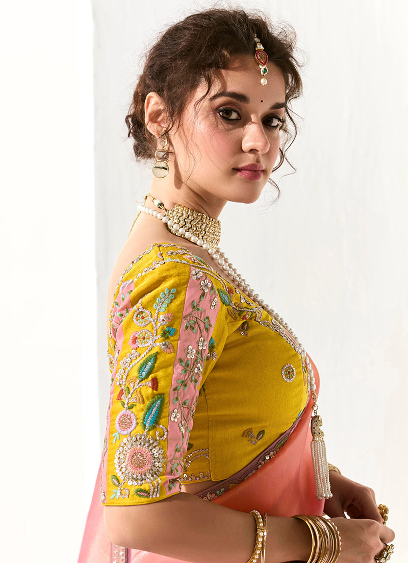Tissue Organza Pink and Purple Embroidered Saree